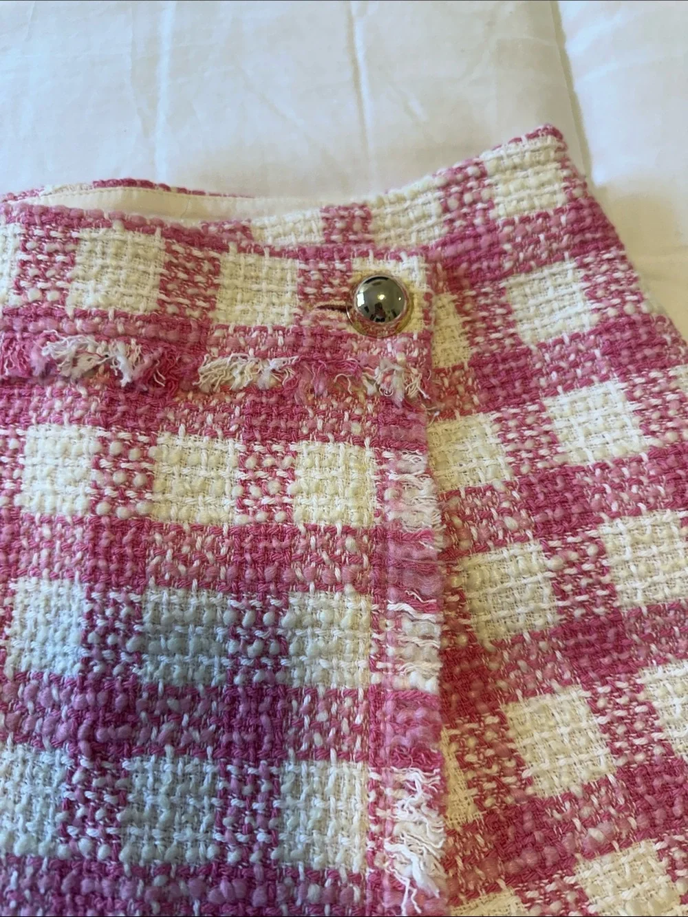 Pink Check Tweed Wrap Skort with Frayed Hem